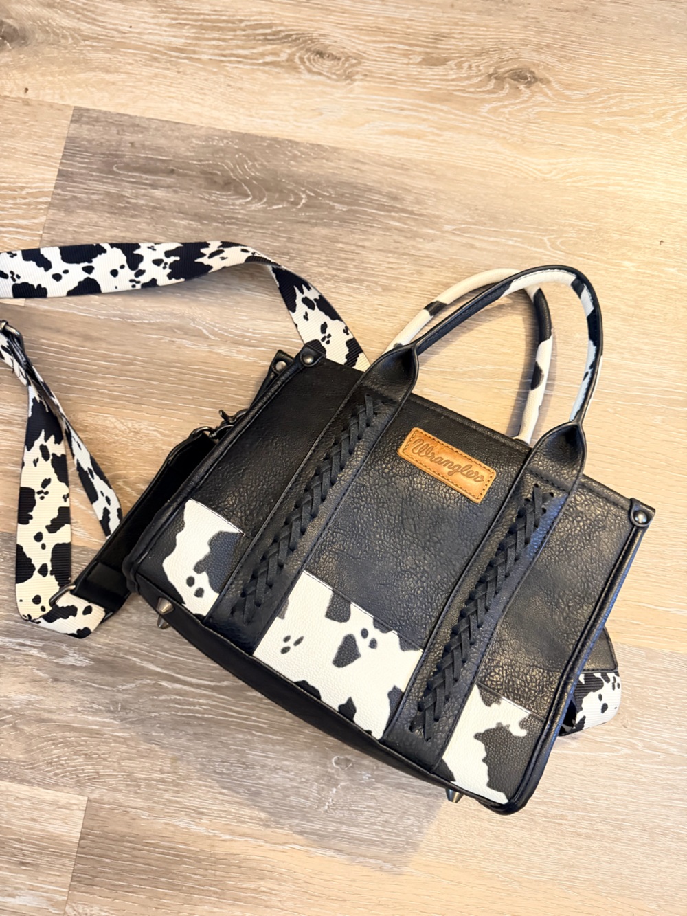 Wrangler Black & White Cow-Print Satchel with Braided Detail